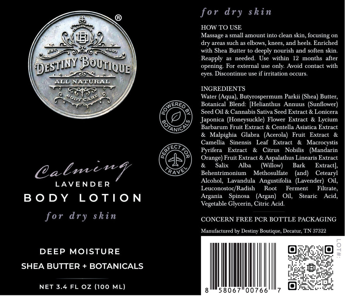 Destiny Boutique Calming Lavender Body Lotion in a 100 mL bottle