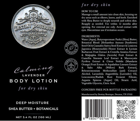 Destiny Boutique Calming Lavender Body Lotion in a 100 mL bottle